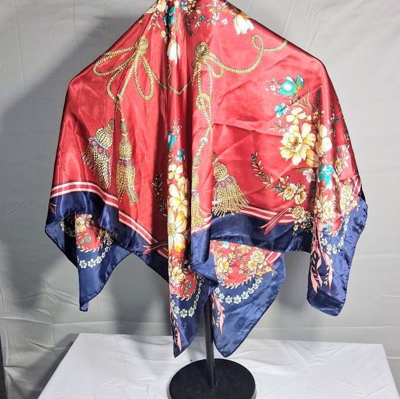 36" X 36" Red and Blue Bohemian Carefree Tassels and Floral Poly. Scarf - Picture 1 of 9